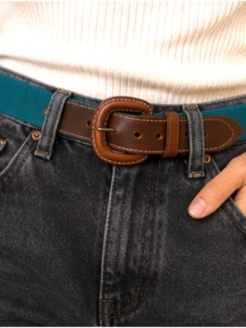 L.L.Bean L Teal Stretch Belt Brown Leather Buckle Preppy Equestrian